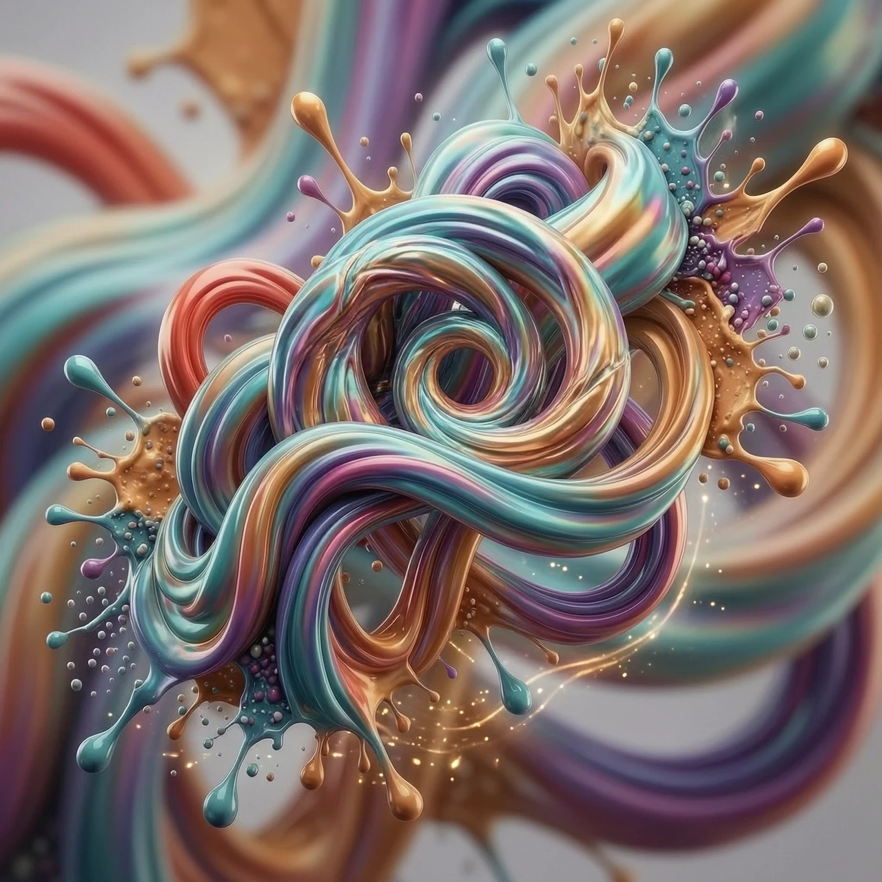 Abstract 3D background for a rhythm game application, dynamic fluid motion, intricate intertwining of vibrant neon silk ribbons and liquid chromatic waves, flowing iridescent…