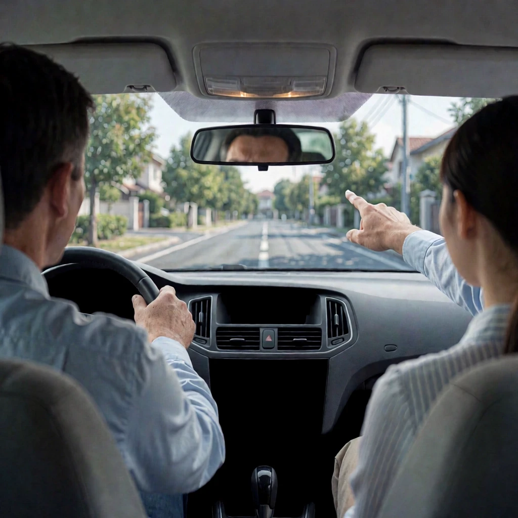 A driving instructor and a student inside a car, the instructor pointing at the road ahead, dashboard and rearview mirror visible, suburban street with trees outside, realistic…