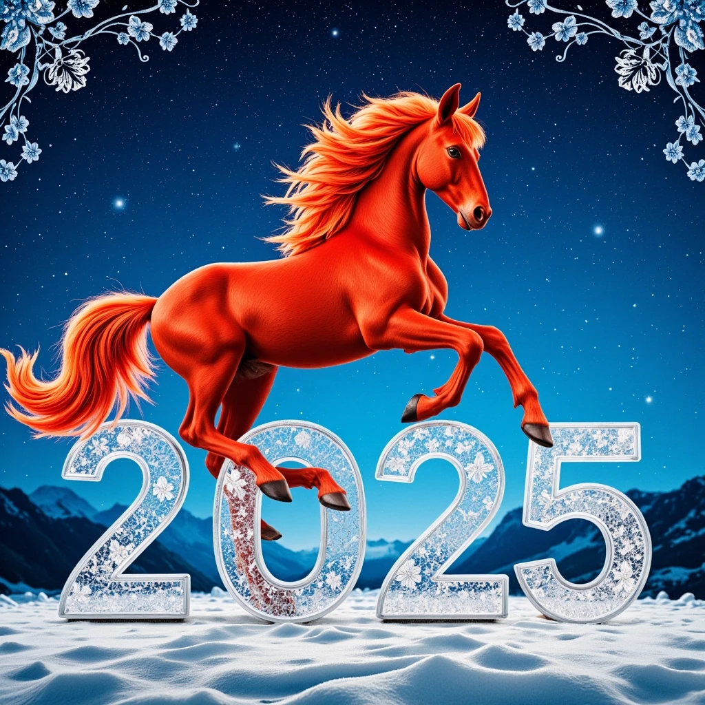 In the double exposure style. An ephemeral mythical creature in the form of a beautiful scarlet fiery horse with a long wavy mane collects the word "2026" from glass…