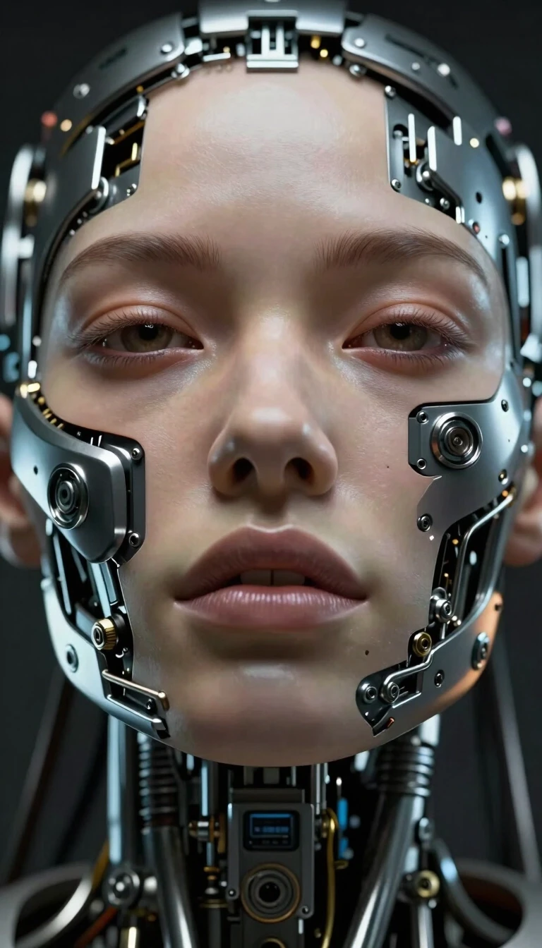 bottom view, ultra close-up. Woman's face entirely made of mechanical interior, no skin, complex machinery aesthetic, detailed, cyberpunk, portrait, artistic composition,…
