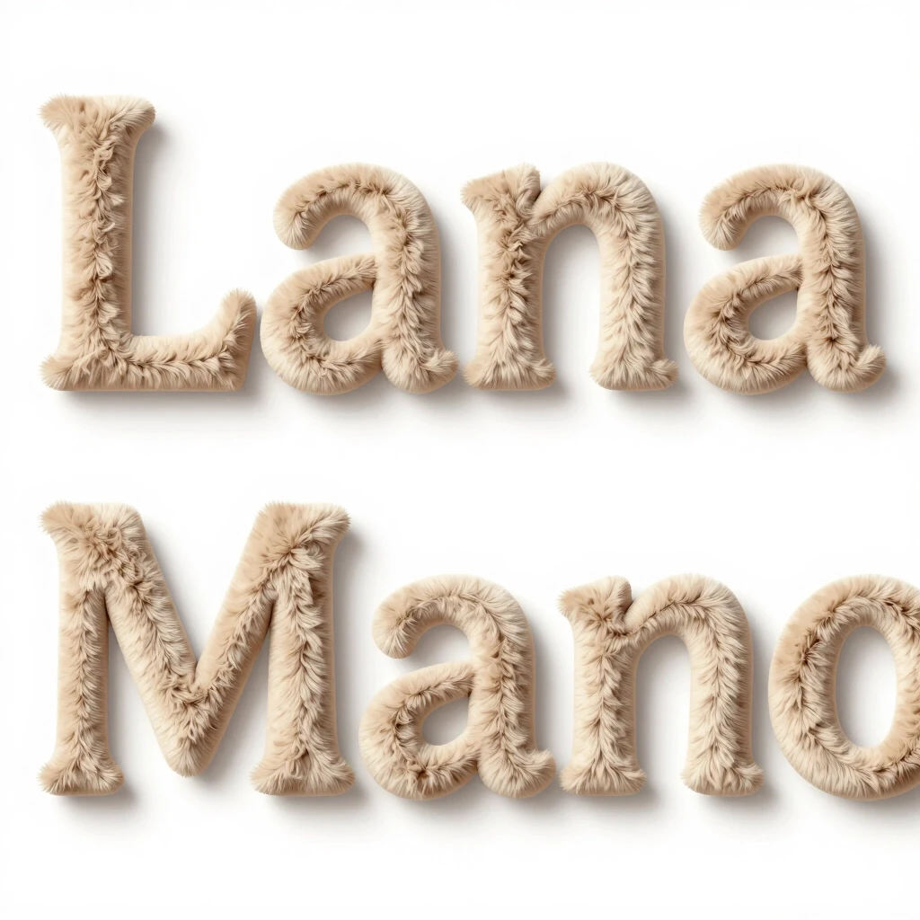 Background: use provided beige plush photo as the background. Create the word 'LanaMano' in soft 3D tufted letters, color matching the beige tone of the photo, with…
