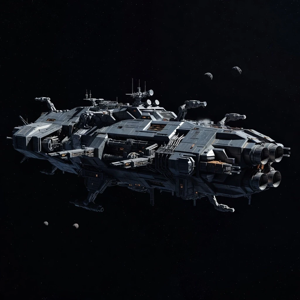 Wide shot of a large, heavy, modular sci-fi spacecraft, angular industrial design characteristic of the Dark Orbit game aesthetic. Dark grey and graphite metallic hull with…
