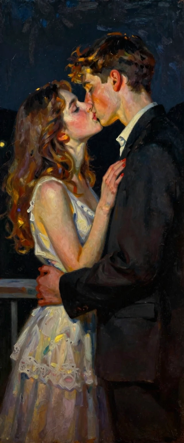 Oil painting, romance, first kiss, a 20-year-old boy and an 18-year-old girl, night, lighting like from a candle or torch, dark background, Daniel Gerhartz style — работа…