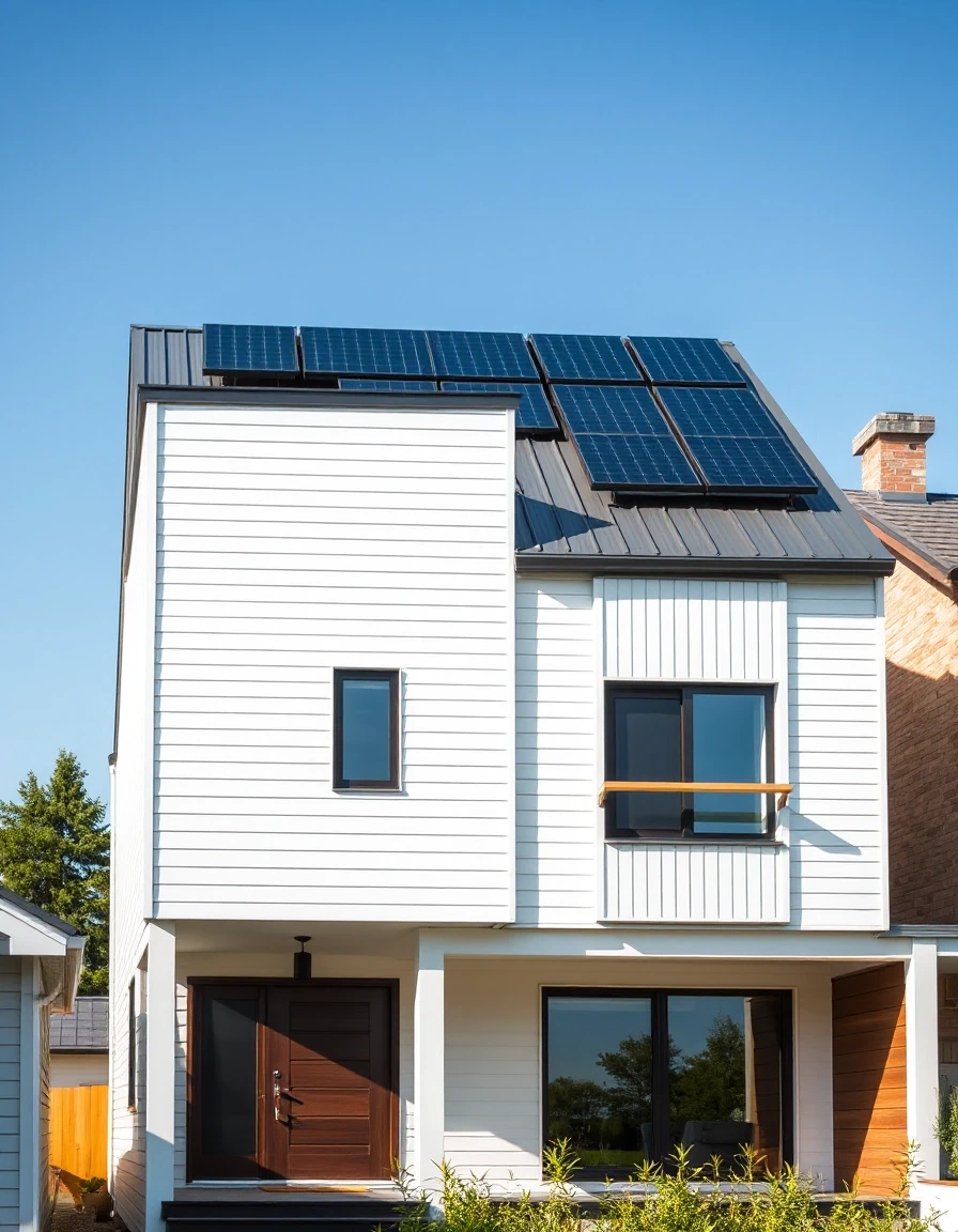Vertical architectural presentation, minimalist two-story frame house, white and grey wood facade, clean geometric lines, solar panel installation on the roof, sunny afternoon,…