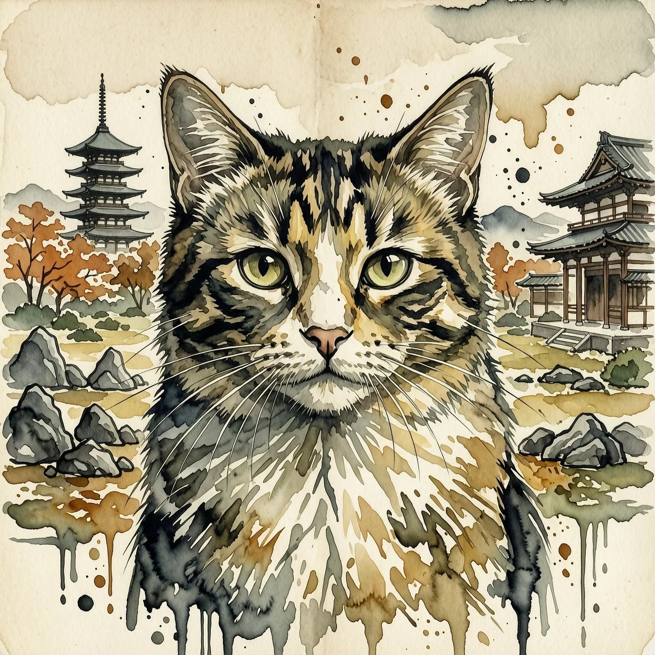 A masterpiece. The painting is done in watercolors. (Double exposure:1.8). (Portrait of a fabulously beautiful cat:1.8). In the background, there are views of Japan at that…