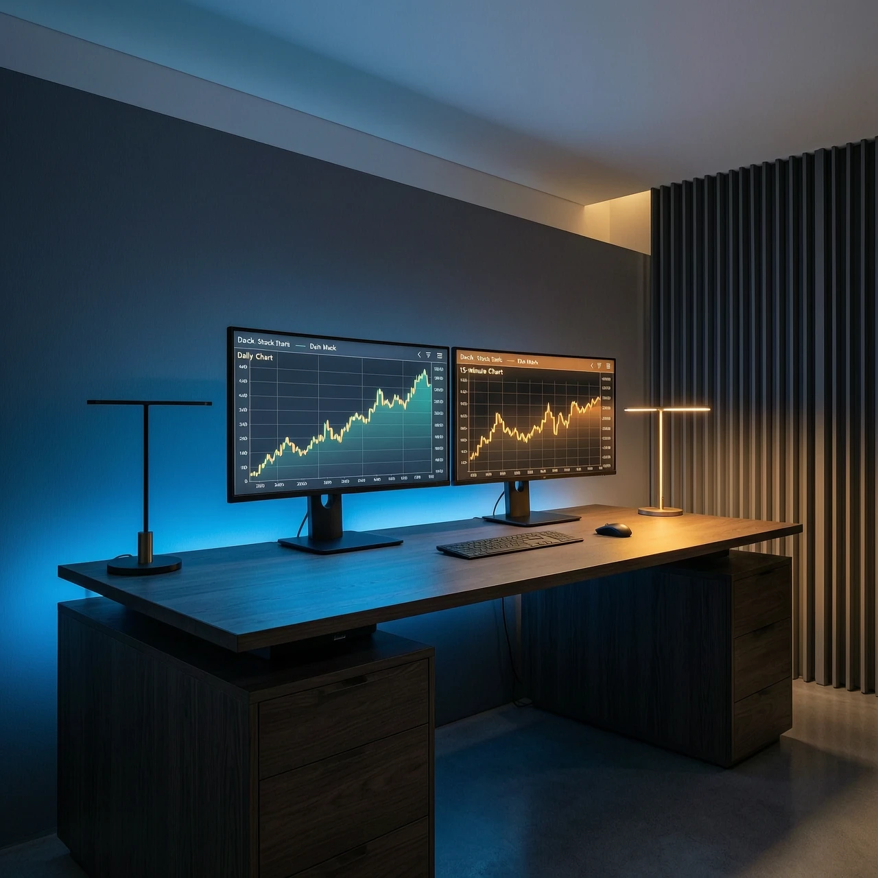 Minimalist cinematic scene, a clean modern desk with two glowing monitors showing abstract stock charts, one monitor with a daily chart and one with a 15-minute chart, neon blue…