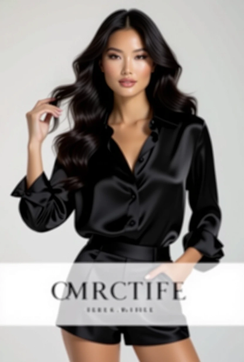 A fashion portrait of a slim woman with flowing wavy long black hair cascading over her shoulders. She wears a luxurious black silk shirt with a subtle sheen that drapes…