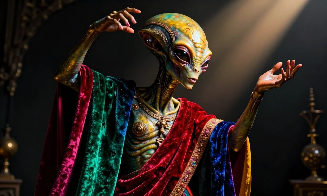 SUBJECT: A tight macro portrait of colorful alien hybrid, AI diffusion render, hyper-detailed digital synthesis, Baroque tenebrism, dramatic single-source raking light, deep…