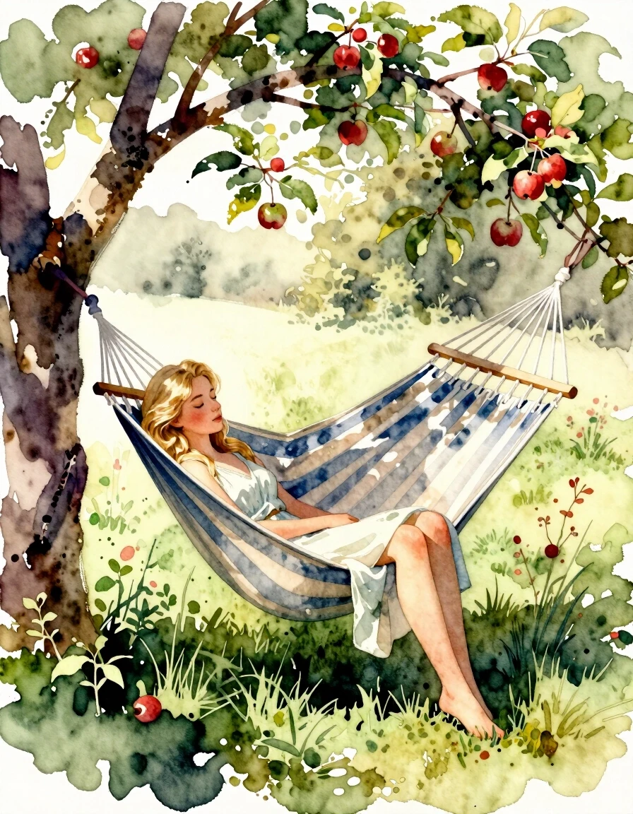 A masterpiece. Create an image. Watercolor painting style: ((Beautiful blonde girl):1.6 dozing in a hammock under the apple trees in the garden):1.6, clear edges, clear…