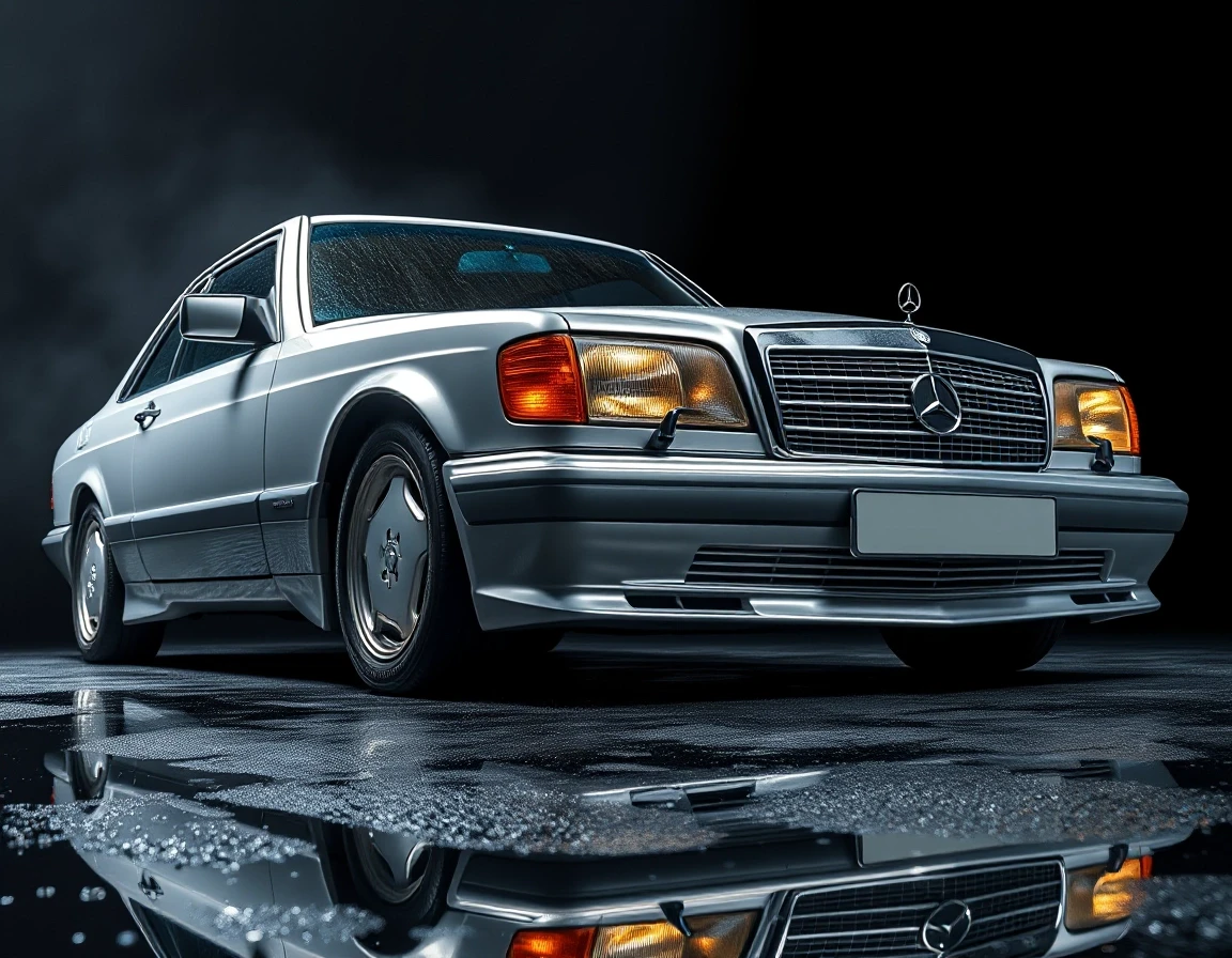 Subject: Mercedes-Benz 560 SEC W126 AMG widebody coupe, two-door Color: silver metallic body, polished, deep reflective paint finish Wheels: AMG Gullideckel monoblock wheels,…