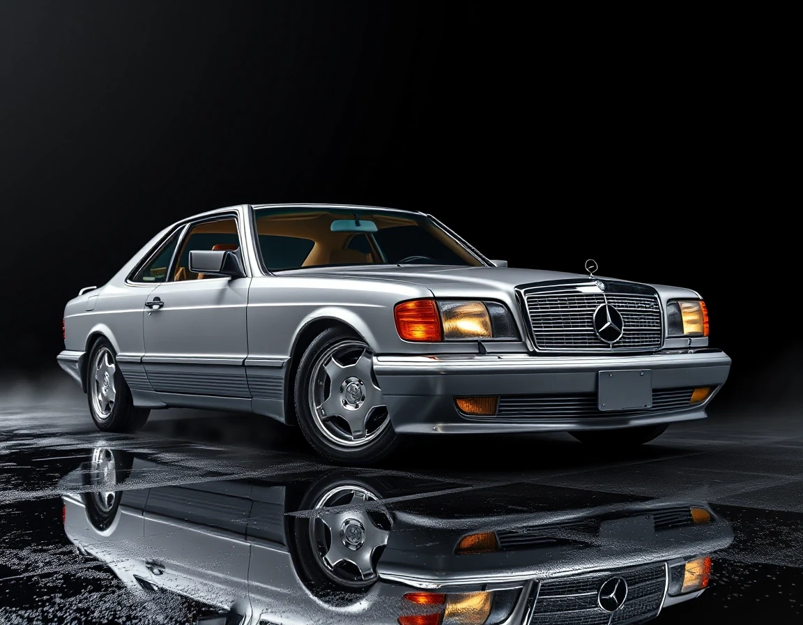 Subject: Mercedes-Benz 560 SEC W126 AMG widebody coupe, two-door Color: silver metallic body, polished, deep reflective paint finish Wheels: AMG Gullideckel monoblock wheels,…