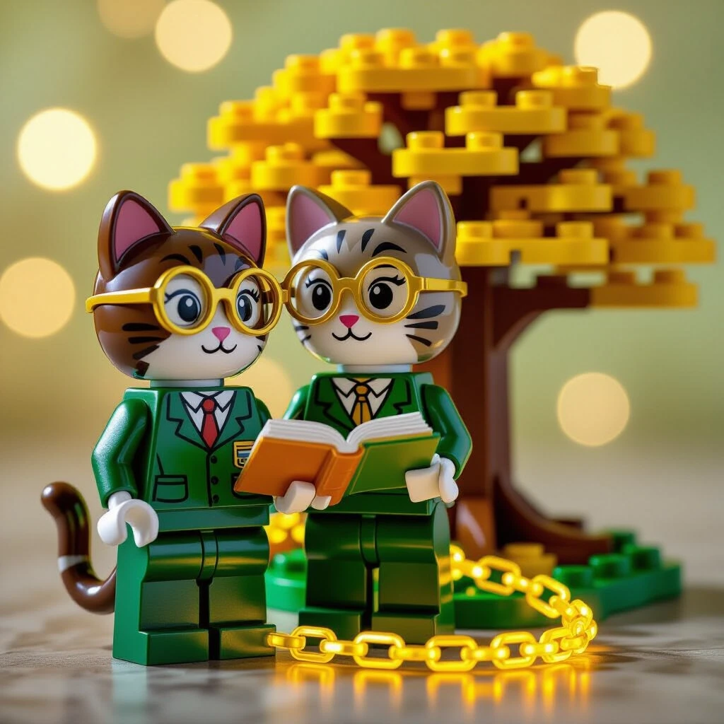 Professional 3D macro photography of a collectible stylized plastic building block minifigure. CHARACTER: Anthropomorphic Scholar Cat with small round golden spectacles printed…