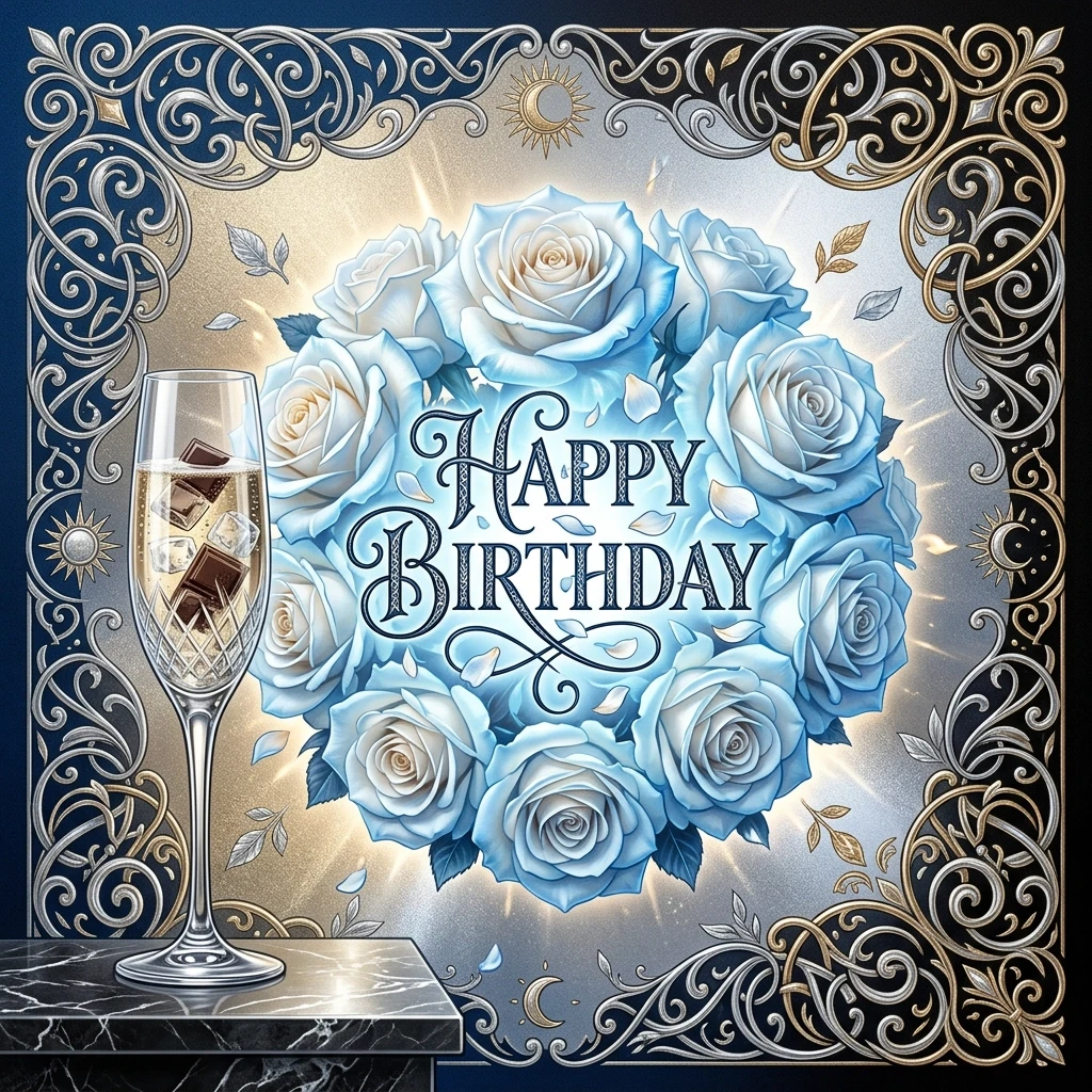 (Crystal tall glass):champagne with ice cubes and chocolate.(Birthday greeting card) Postcard design: blue and black with ((decorated with silver curls, monograms in a summer…