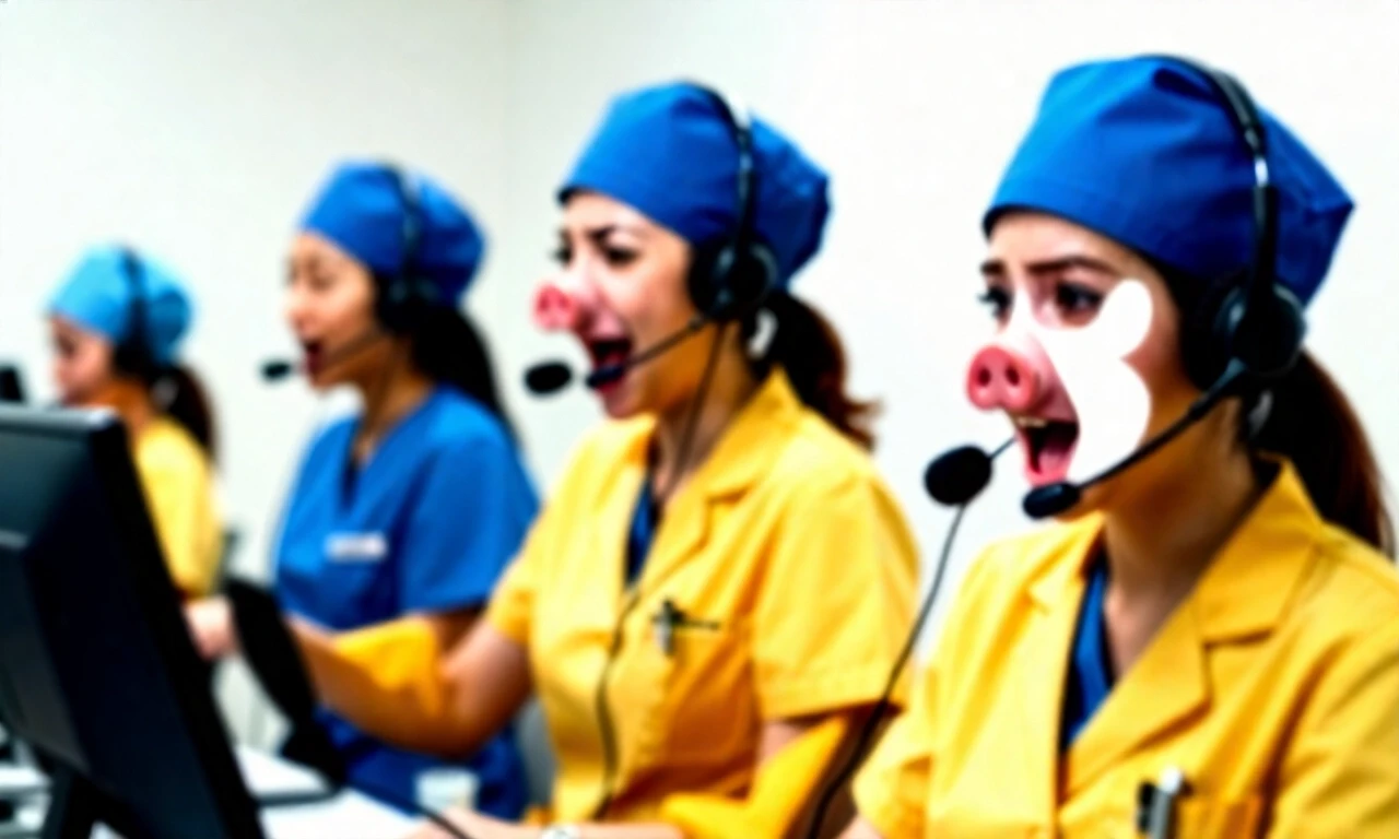 Stupid, stupid girls in yellow and blue medical uniforms are sitting in a call center, shouting into headsets, wearing blue and yellow medical caps with a picture of a pig's…