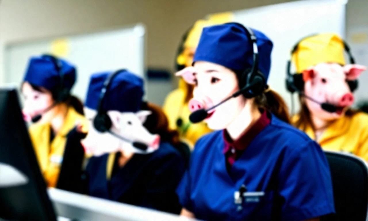 Stupid, stupid girls in yellow and blue medical uniforms are sitting in a call center, shouting into headsets, wearing blue and yellow medical caps with a picture of a pig's…