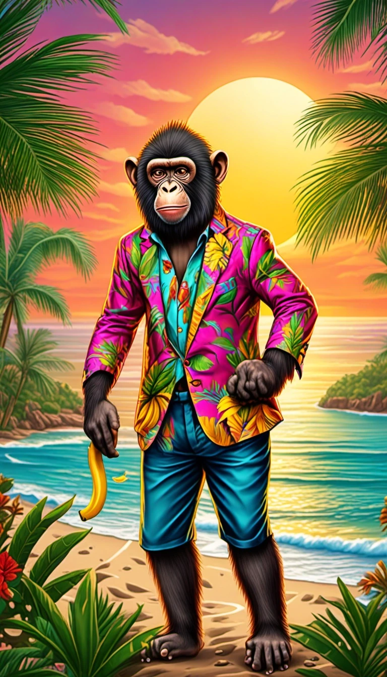 A comical picture. A monkey dressed in clothes is sitting in the palm tree leaves with a banana in its hand, surrounded by a colorful sunset on the ocean coast — работа…