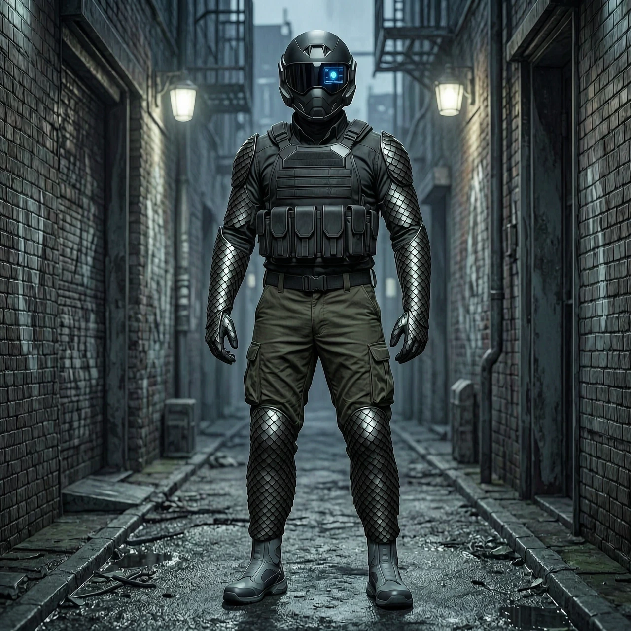 A full-body concept art of a sci-fi military operative standing in a dark cyberpunk alley. He is wearing a realistic dark tactical combat shirt and loose dark-olive military…