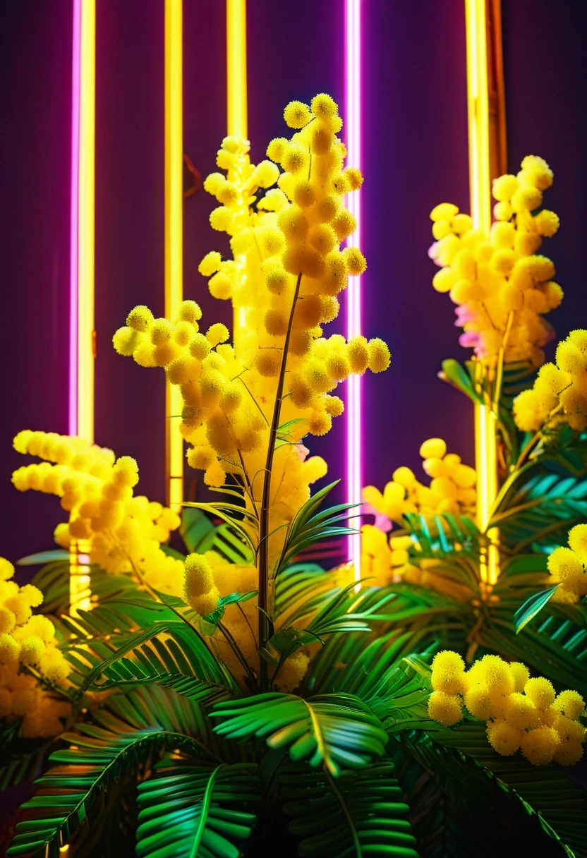 A realistic yellow flexible LED neon tube is physically placed on top of the mimosa flowers. Glowing electric neon line, real glass neon pipe glowing with bright yellow light…