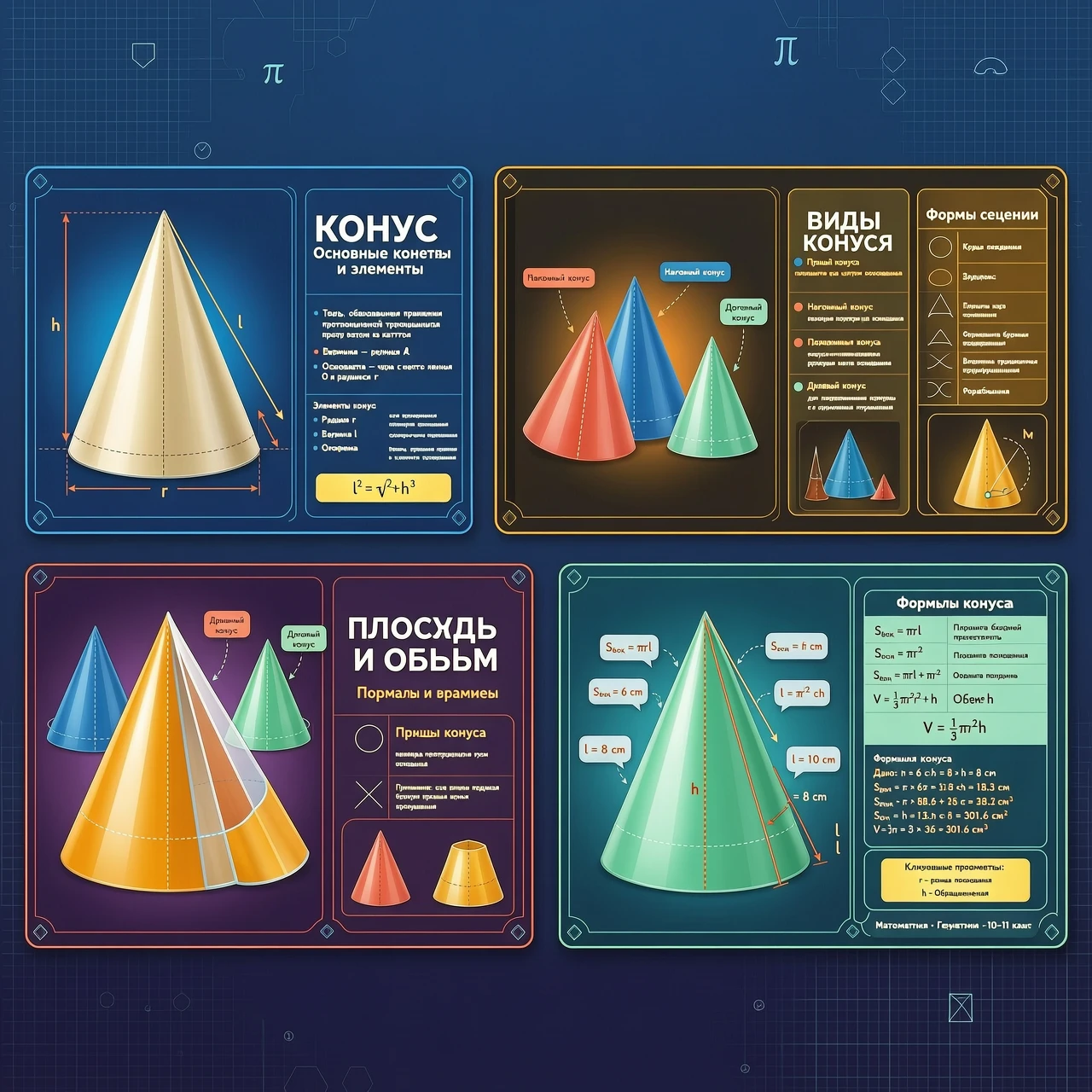 Create a series of 16:9 cards for a math teacher on the topic "Cone. Types of cones. Sections of cones. Area and volume." Bright colors, volumetric figures. — работа…