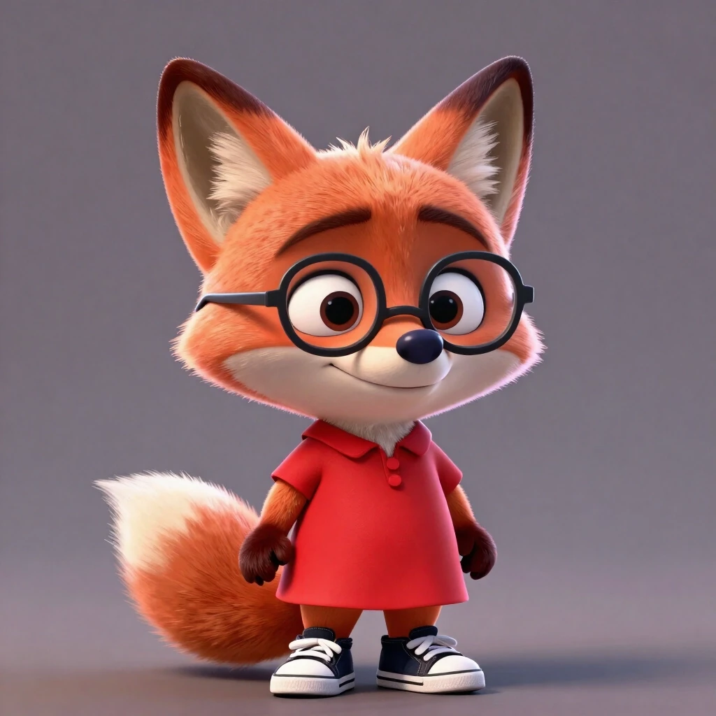3D cartoon character funny fox in a red dress, sneakers on paws, glasses on muzzle. Background is gray with soft lighting creating subtle shadows on facial features. Style…