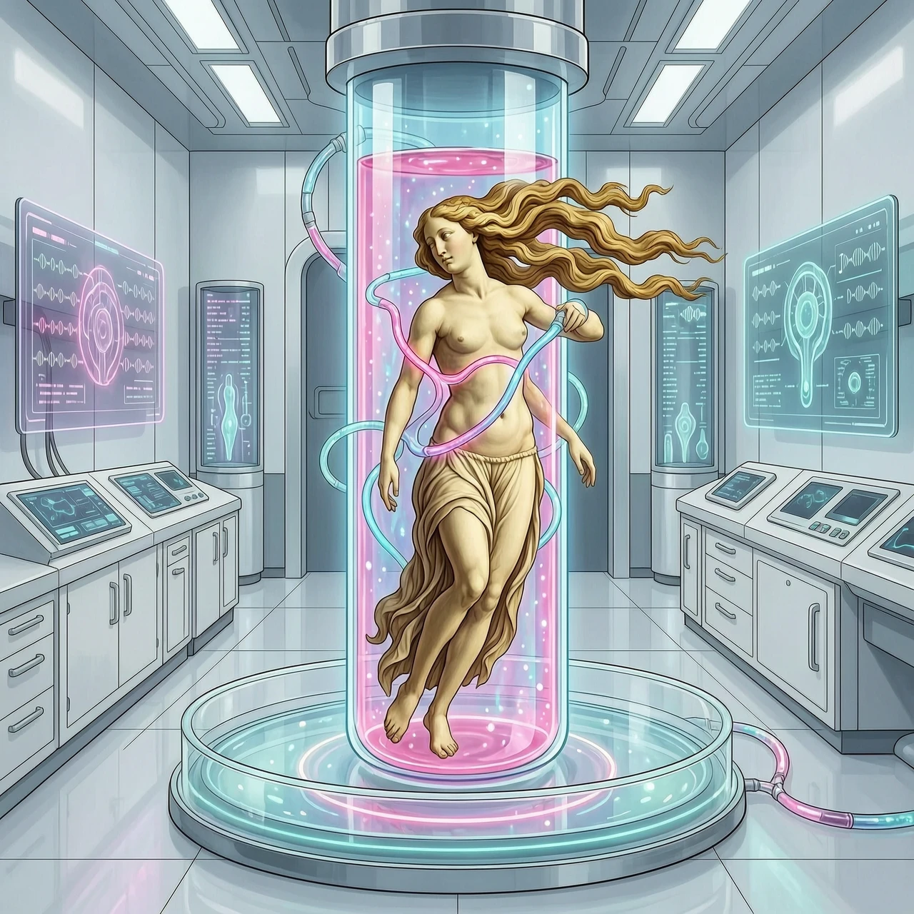 A stunning surreal collage: Sandro Botticelli's "Birth of Venus" reimagined in a futuristic biotechnology lab. Venus is not emerging from a shell, but being…