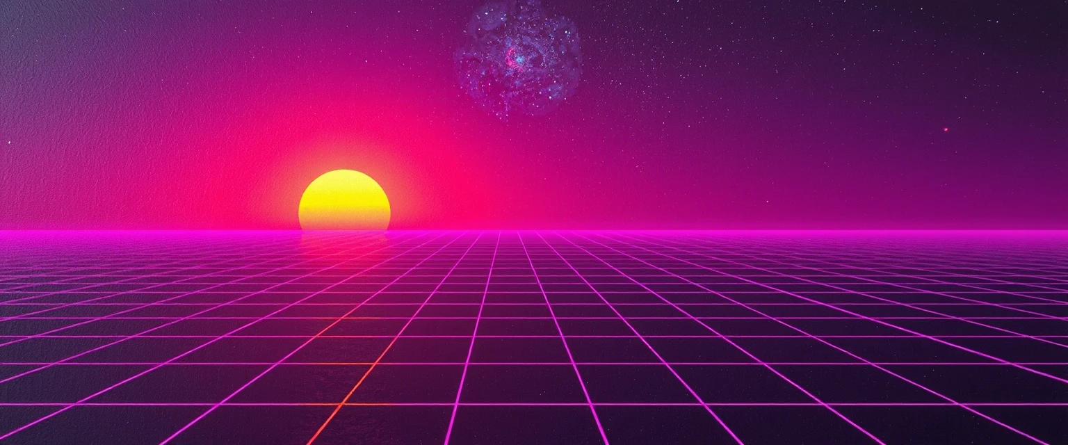 Synthwave retro gaming banner, neon purple and sunset orange wireframe grid horizon, 80s arcade gaming aesthetic, glowing digital lasers, pixel art particle effects on borders,…