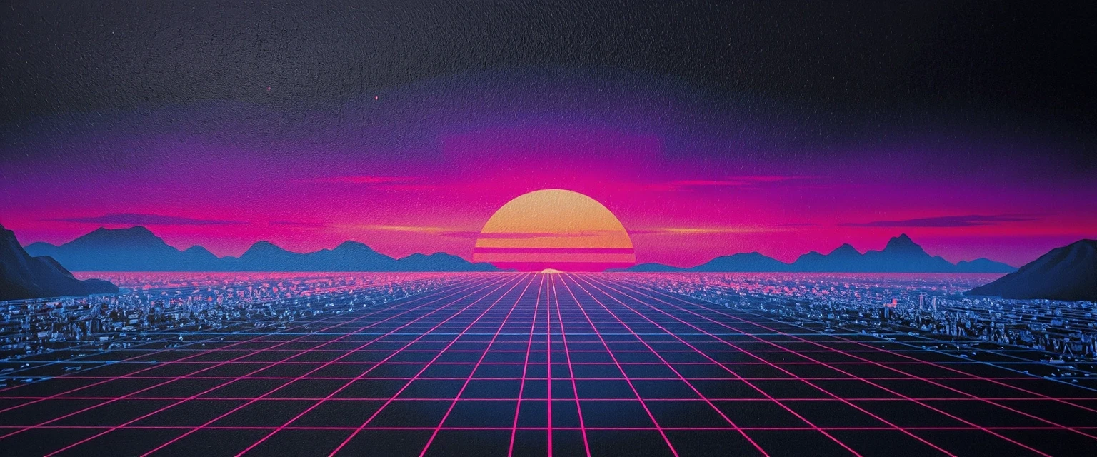 Synthwave retro gaming banner, neon purple and sunset orange wireframe grid horizon, 80s arcade gaming aesthetic, glowing digital lasers, pixel art particle effects on borders,…