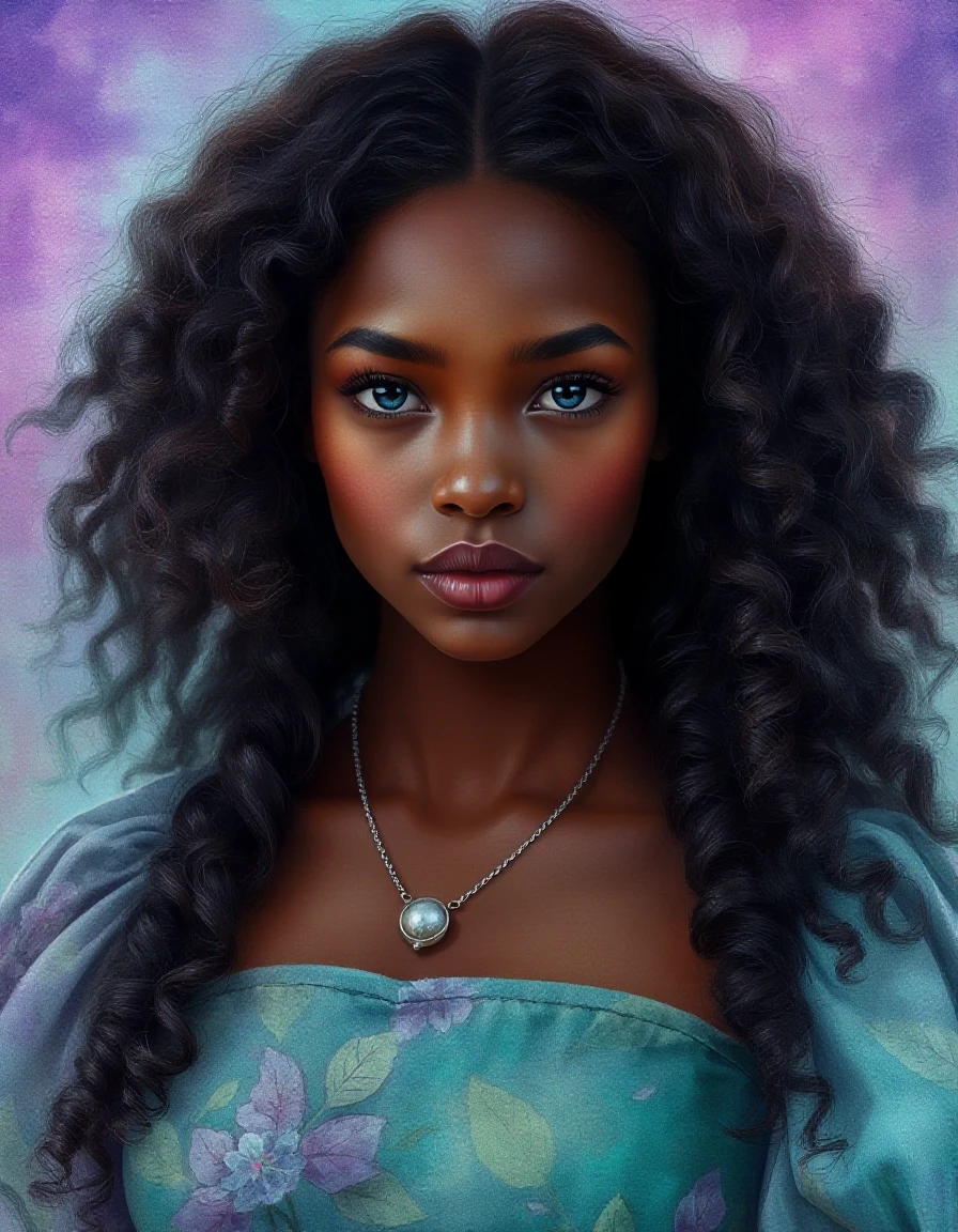 Photorealistic. A young mulatto woman with luxurious, long, curly dark brown hair and delicate, realistic, dark skin. Blue eyes. A thin chain with a pendant around the neck. A…