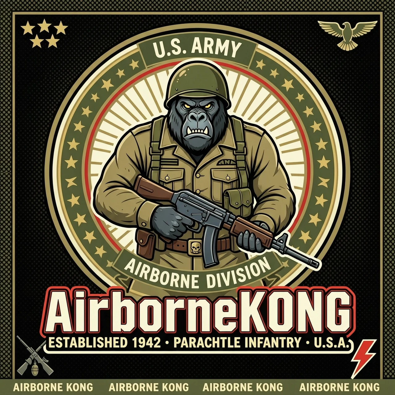 Горилла десантник с надписью внизу "AirborneKONG" Ещё вариант создать надпись должна быть такой: AirborneKONG — работа пользователя Бесподобная Русалка