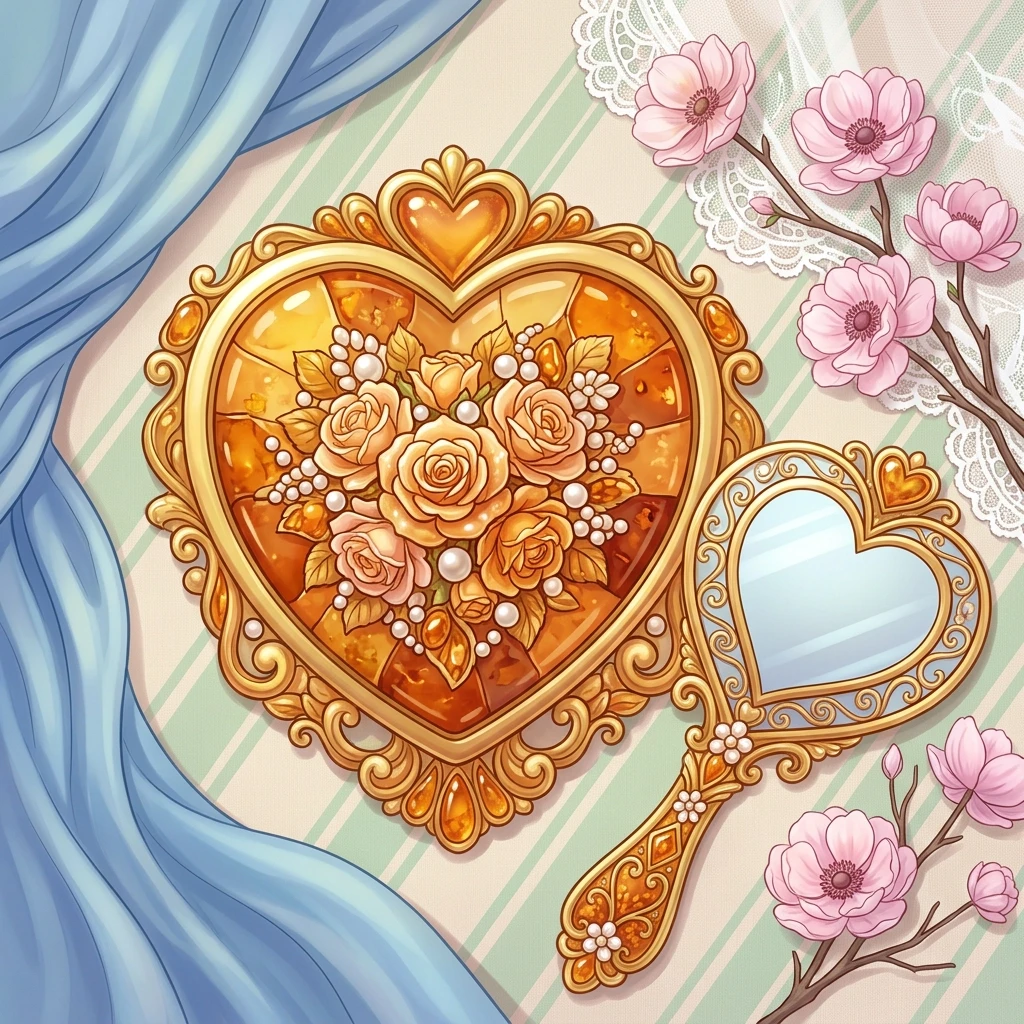 The image shows a bright and romantic illustration made in soft pastel colors. In the center of the composition is a large amber crest with a golden heart-shaped rim. Its…