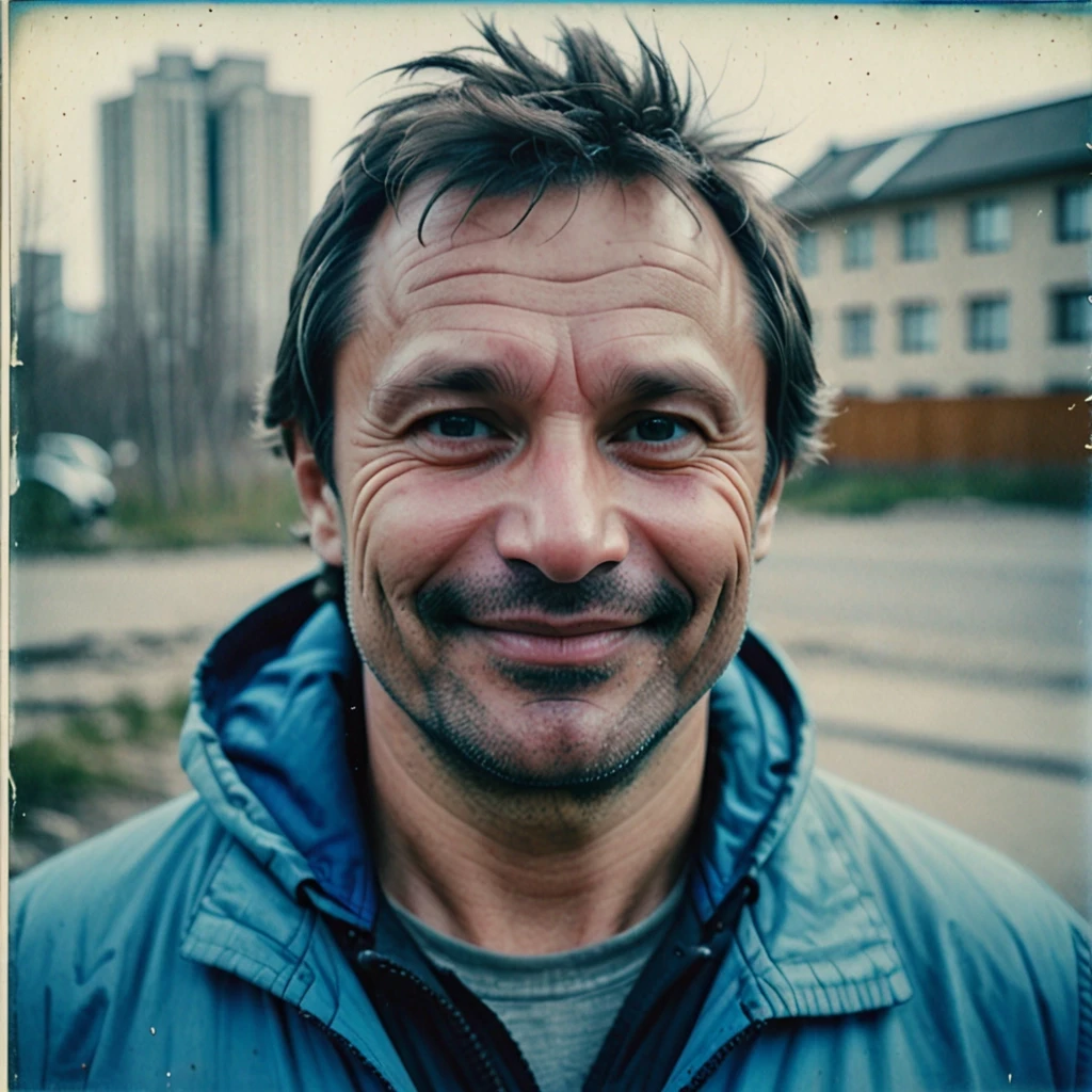 Close-up portrait of a 43-year-old Russian man, stocky build, round face, short dark brown hair with messy textured top. Noticeable short stubble with a slight touch of grey,…