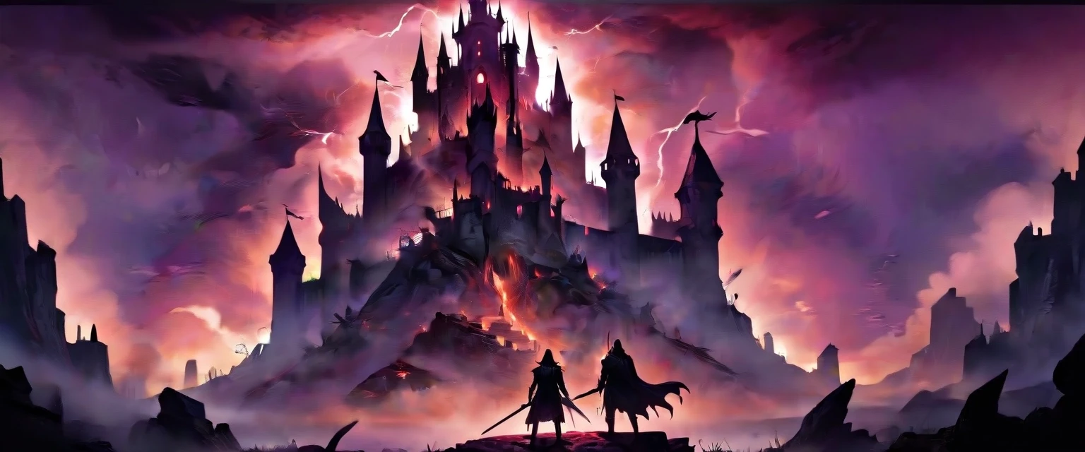 Dark fantasy gaming YouTube banner background, gothic ruined castle under a stormy blood-red and purple sky, mystical glowing fog, epic mood, detailed silhouette of a knight in…