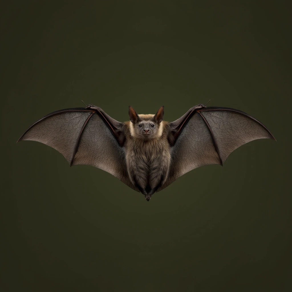 Draw a symmetrical frontal frame in the style of Wes Anderson for the A6 format. In the center is a full—length bat (in a relaxed pose, wings neatly folded), with a light…