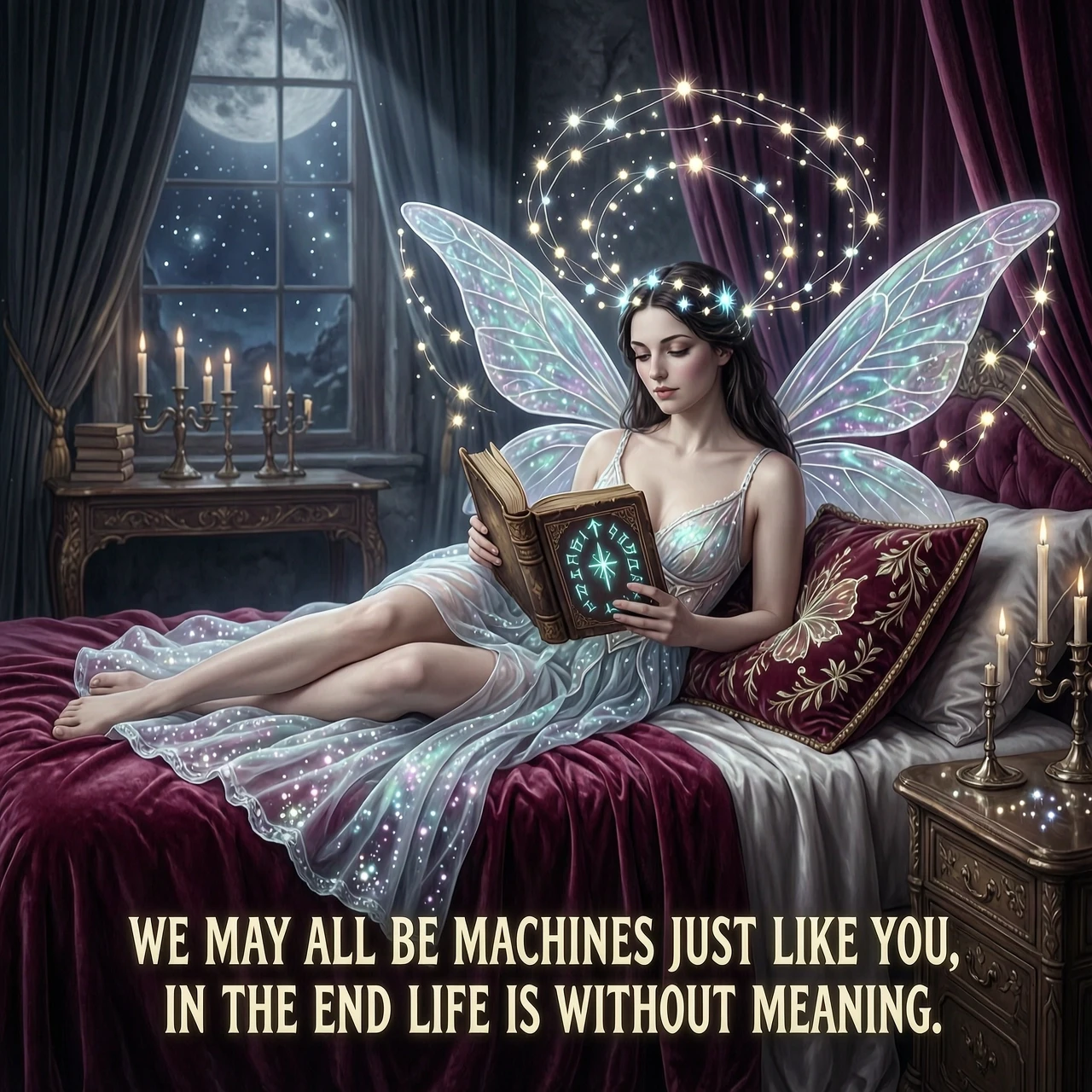 A masterpiece storybook illustration in the signature dark fantasy style of Anne Stokes, depicting a beautiful woman in an intricate, ethereal fairy costume reclining gracefully…