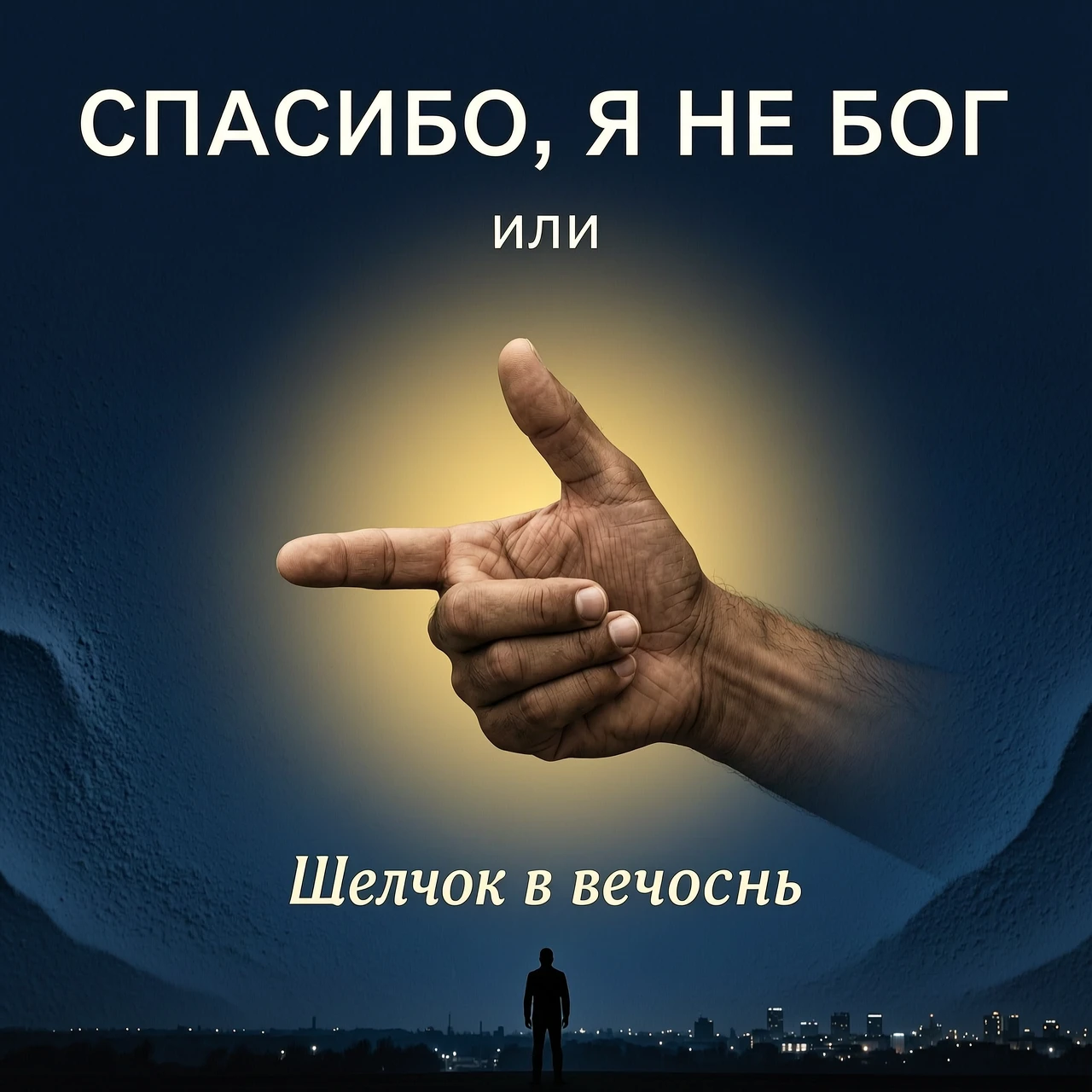 создай обложку книги на русском языке Фон: Тёмно-синий, почти чёрный, с лёгкой текстурой, напоминающей песок или пыль. Центр: Крупным планом, вид от первого лица - ладонь…