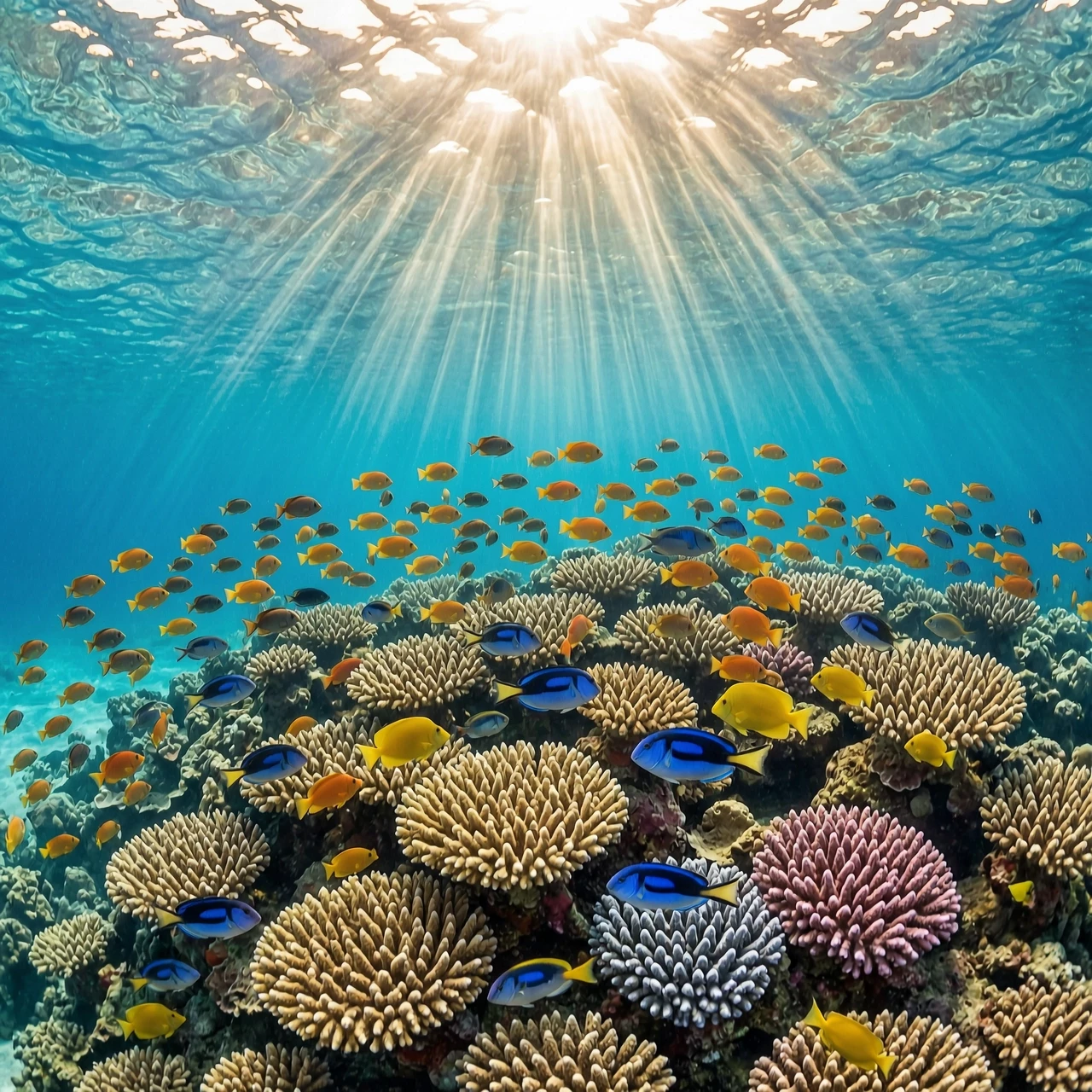 A breathtaking underwater view of a vibrant coral reef. Schools of colorful tropical fish swimming through sunlight rays piercing the water surface from above (god rays).…