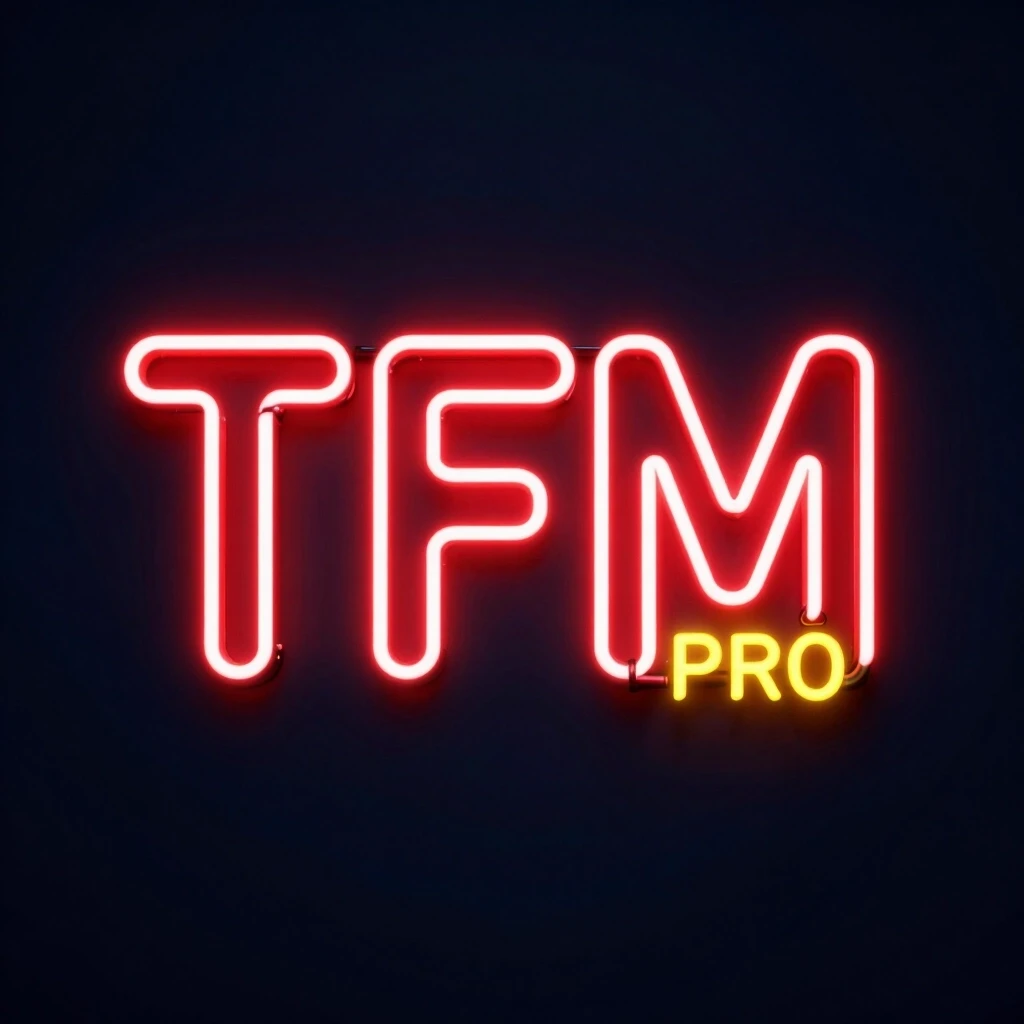 Крупные три заглавные буквы TFM и слово "PRO" желтыми небольшими заглавными, выполненные в стиле яркой красной неоновой вывески. Буквы плотно сгруппированы по центру,…