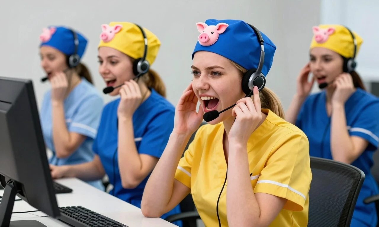 Stupid, silly girls of Slavic appearance, in yellow and blue medical uniforms, are sitting in a call center, shouting into headsets, wearing blue and yellow medical caps with a…