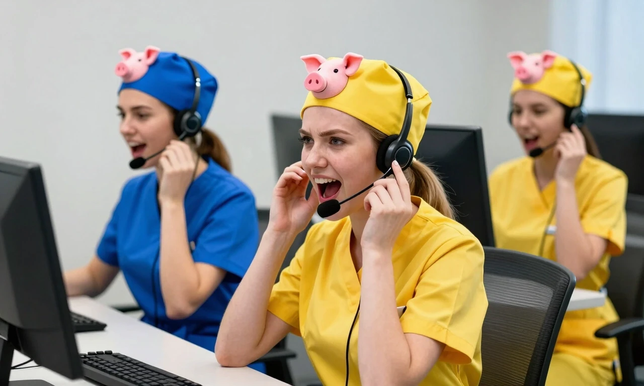 Stupid, silly girls of Slavic appearance, in yellow and blue medical uniforms, are sitting in a call center, shouting into headsets, wearing blue and yellow medical caps with a…