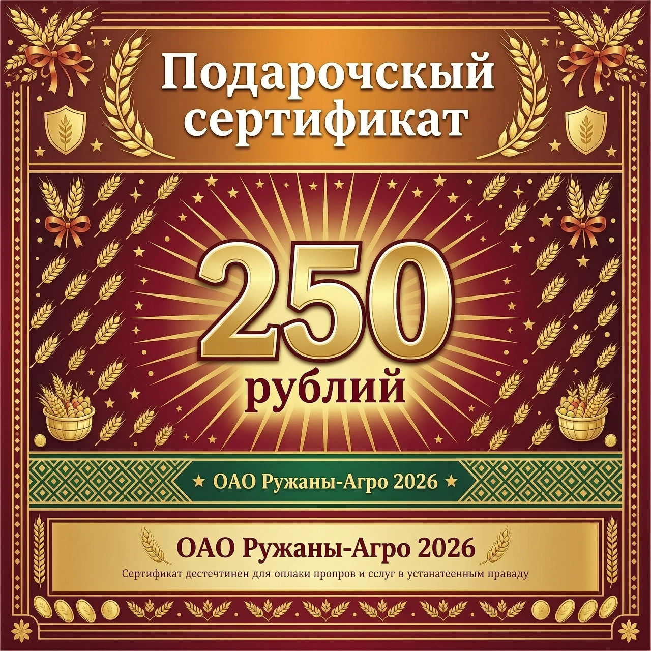 Создать сертификат, надпись по центру листа (Подарочный сертификат), ниже написано на сумму 250 рублей, ниже написано (ОАО Ружаны-Агро 2026. Оформления яркое, красочное, для…