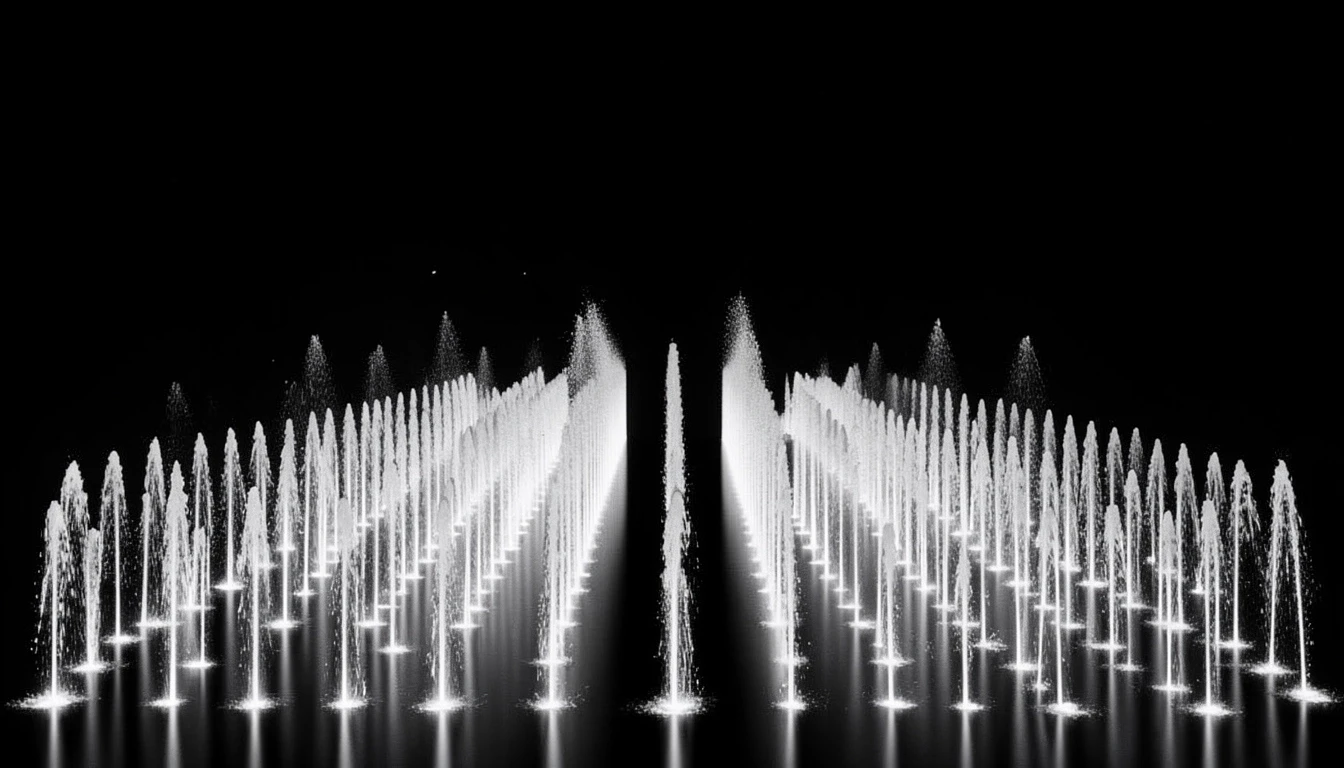 Repeating rows of vertical water jets on a black background, disappearing into perspective, columns of water, water show, 3D render, clear image, slight turbulence at the top of…