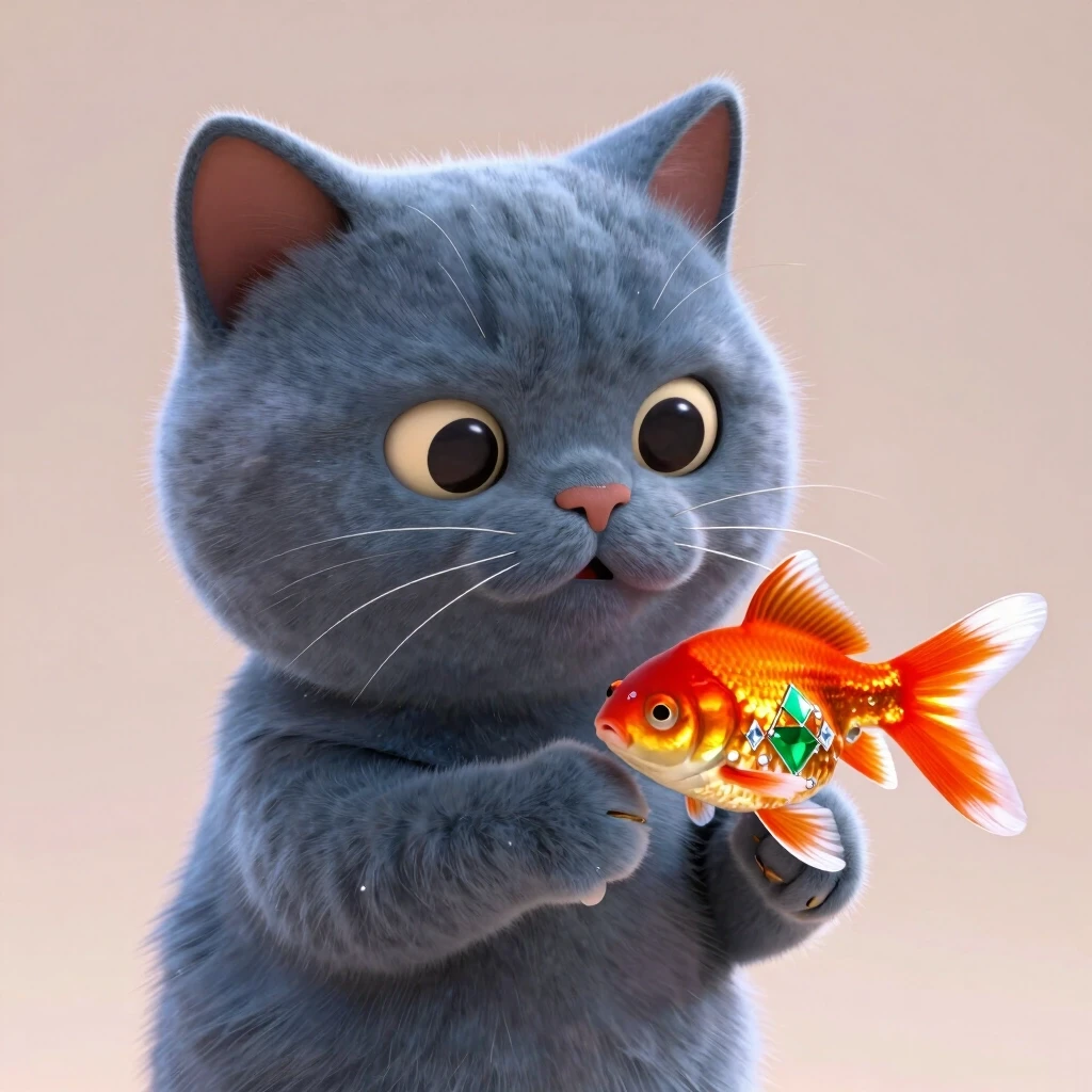 pixar britis cat blue-grey color держит лапой за хвост золотую рыбку: Золотая рыбка s ukrasheniem daimond i isumrudov — работа пользователя Искрящаяся Река
