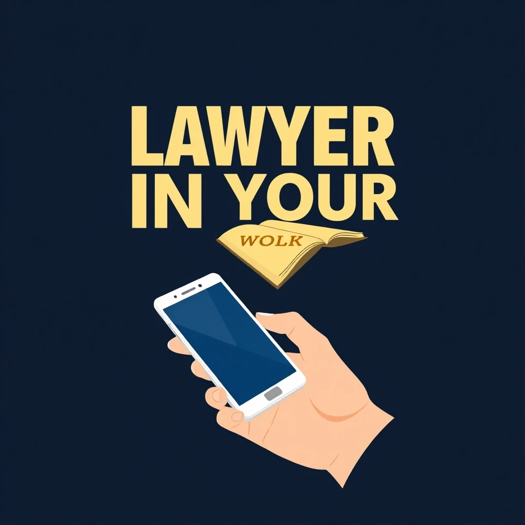 Minimalist poster, dark navy background, a smartphone in a person's hand, a law book with golden letters flying out of the phone, silhouette of a person in the background,…