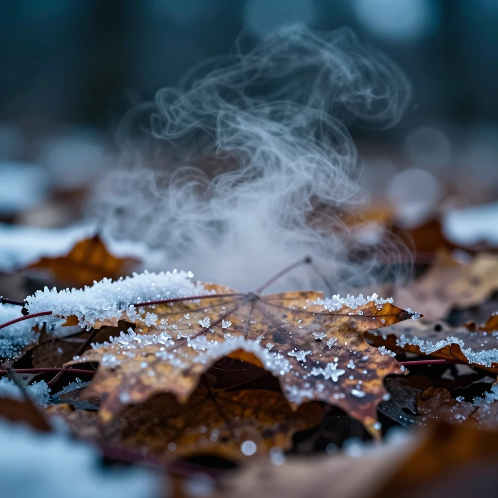Extreme close-up of frozen ice crystals on fallen autumn leaves, visible breath vapor in cold air, winter night atmosphere, dark teal and white color scheme, magical realism,…