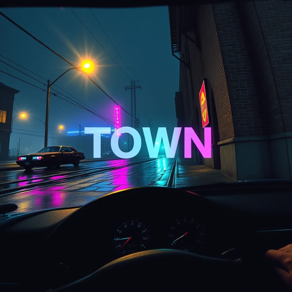 Обложка для трека «Town» сгенерирована в разрешении 1024×1024 пикселя. Визуальный ряд передает мрачную атмосферу ночного города: вид из салона затонированного маслкара, залитый…