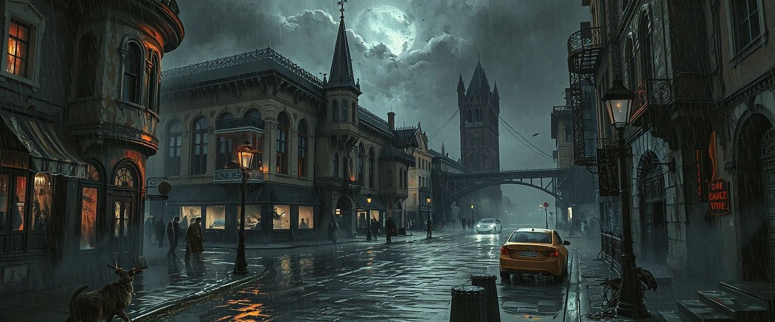 Urban gothic dark fantasy banner, rainy night cityscape with Victorian gothic architecture, glowing street lamps, misty cobblestone streets, subtle red neon signs reflection in…