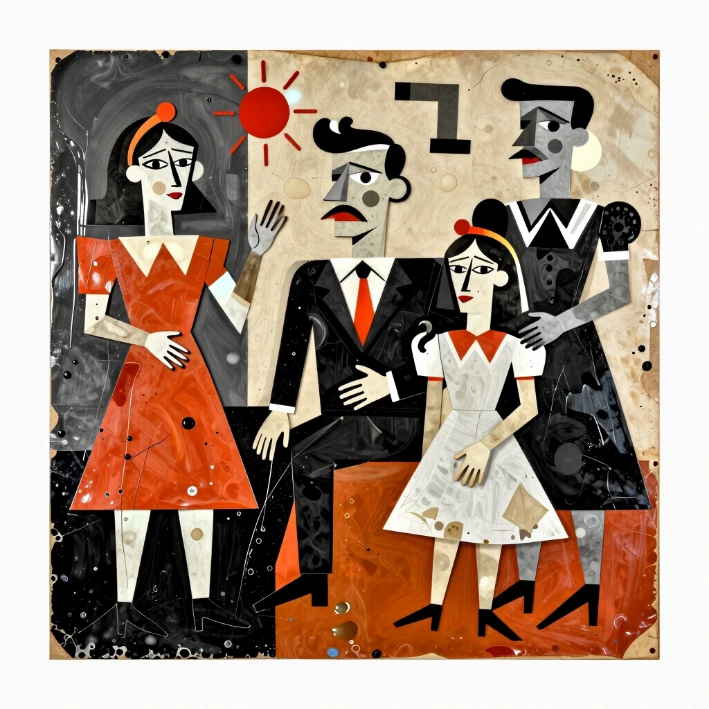 A surreal Dadaist collage from the 1950s is a homemade creation filled with mysterious and incomprehensible elements. The piece is covered in grease, reflecting an avant-garde,…