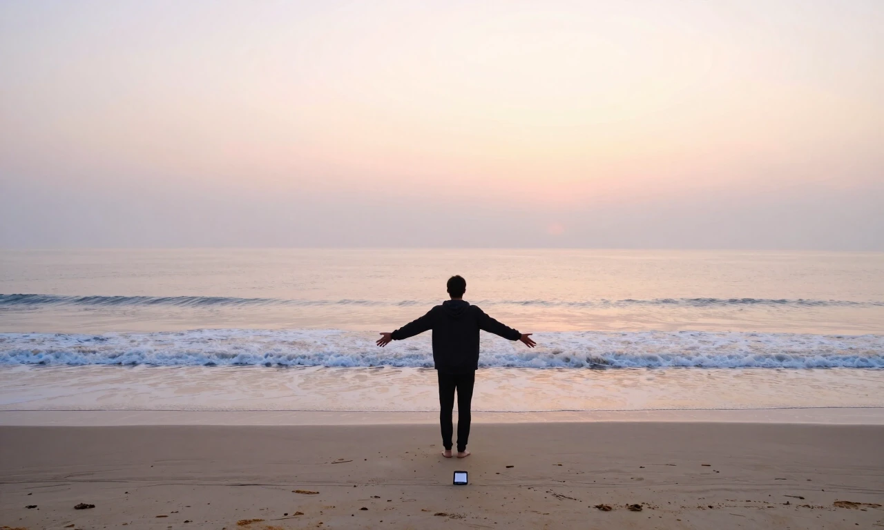 A person standing on an empty beach at sunrise, arms slightly open, facing the ocean, phone left behind on the sand far in the distance, waves washing over the sand, letting go…