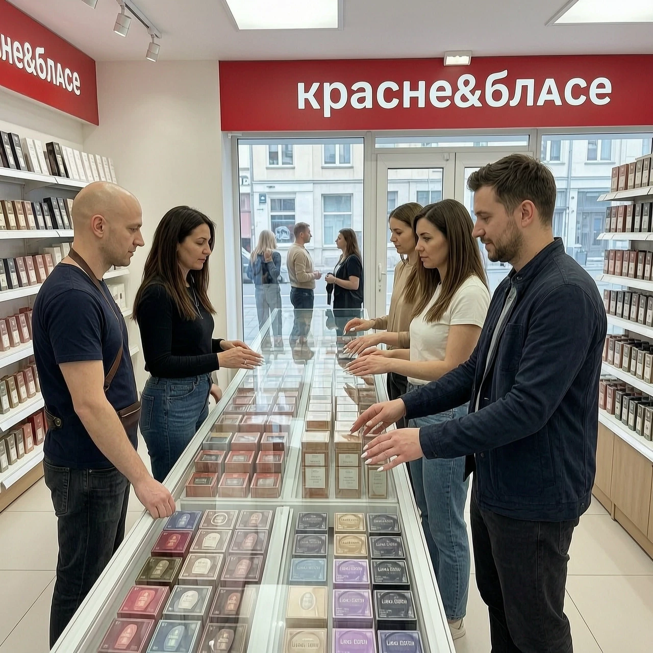 Лысый самый продавец и низкая брюнетка работают в магазине красное&amp;белое, а на против них стоят покупатели поколения замеров с длинным маникюром и не могут взять товар с…