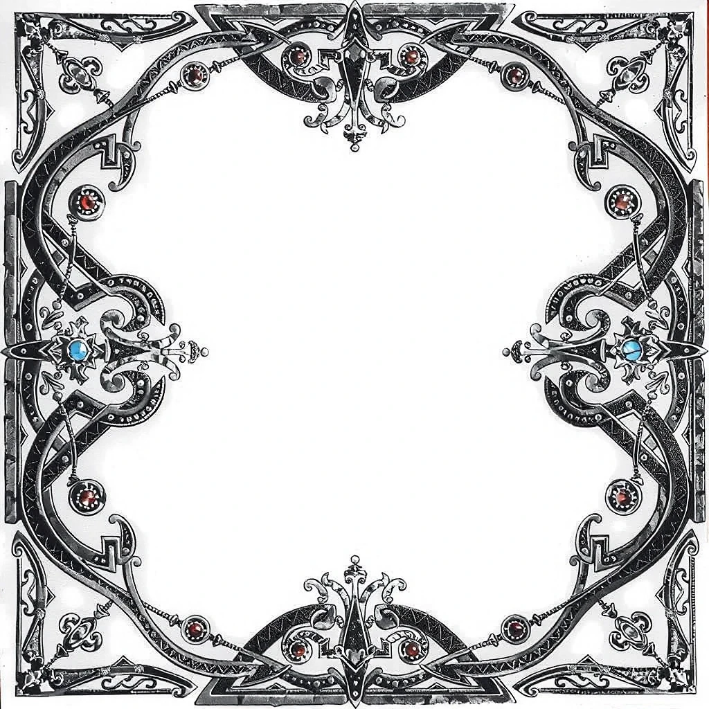 Create a corner for a frame on a clean white background (NO SHADOW) blackened silver; Celtic lines; small red or blue stones; symmetry; gothic fantasy. Only a corner on one…